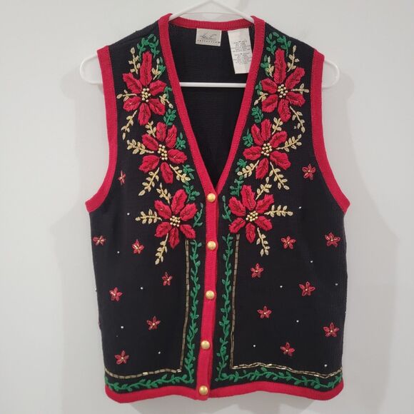 Vintage Womens Ugly Christmas Sweater Vest Size Medium Poinsetta - Picture 1 of 7